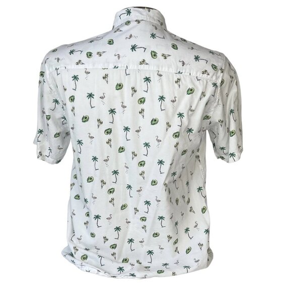 Burnside Hawaiian Shirt Button Mens Large Front White Green Palm Flamingo - Picture 2 of 6